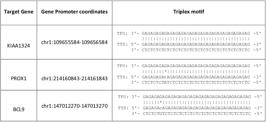 Table 1 Selected gene targets (DNA duplex or TTS) for biophysical validation experiments of RP11-84A19 lncRNA (RNA TFO)