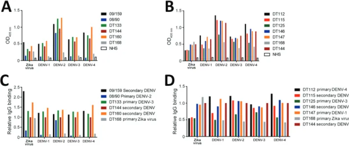 Figure 1. Binding of DENV immune serum to Zika virus virions. Zika virus and 4 DENV serotypes were captured by using plate-bound  mouse monoclonal antibody 4G2 and incubated with serum from donors who had had a primary DENV, secondary DENV, or primary Zika
