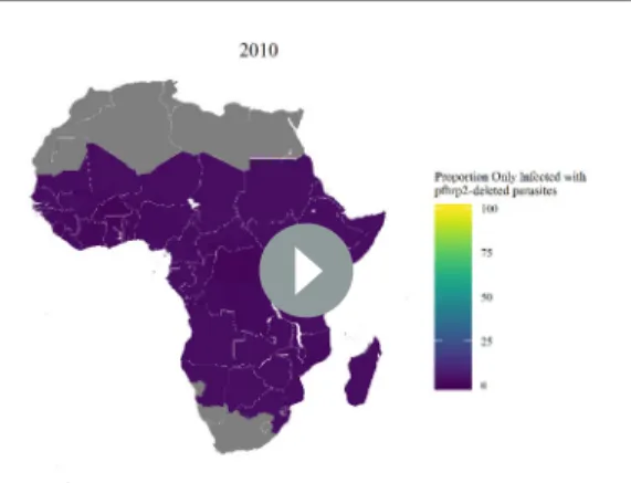 Figure supplement 1. Simulated province level burden of pfhrp2-deleted mutants within DRC, with an assumed probability of a clinical case seeking treatment, who is only infected with pfhrp2-deleted mutants, producing a positive RDT result (") equal to 