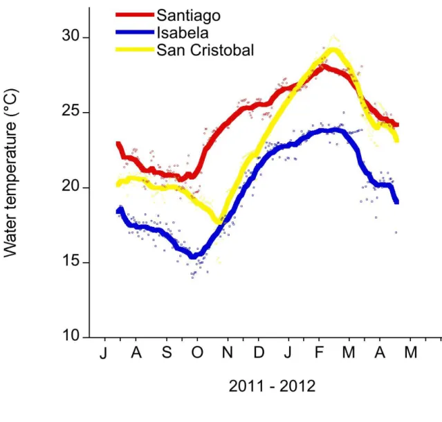 Figure 1.2 Daily water temperature (mean) measured in the shallow subtidal (< 5m) at  Santiago, Isabela and San Cristobal 