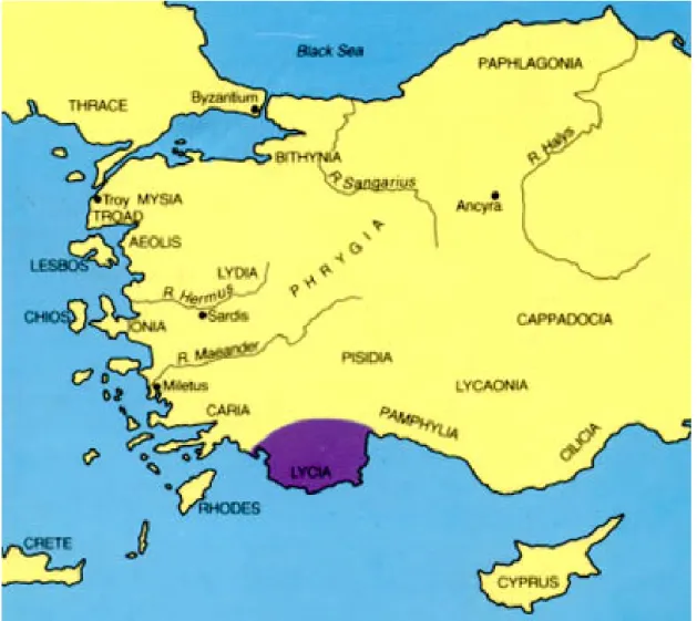 Figure 1: Lycian within Asia Minor; purple, bottom-left.