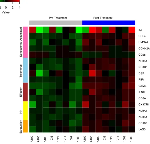 Fig. 1. A hierarchical clustering of representative transcripts whose expression signiﬁcantly changes with cancer therapy (3 pair of auto-HSCT samples or 5 pair of chemotherapy-treated samples) in peripheral blood T-cells (CD3+)