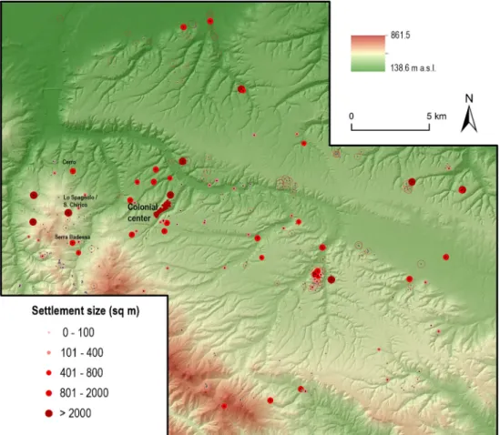 Fig. 3 Early colonial period settlement distribution with the indication of the position of previous pre-Roman settlements (gray dots delimitated by empty circles)