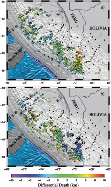 Fig. 3. Earthquake hypocenters calculated using single event location method (a) by subtracting 5% (b) by adding 5% to our velocity model