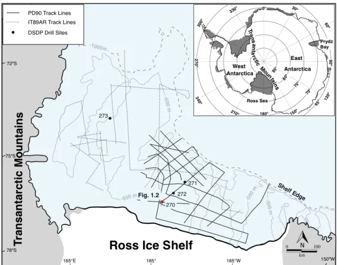 Figure 1.1 Location of study area: Ross Sea, Antarctica. Thin black and dashed lines are seismic  track lines