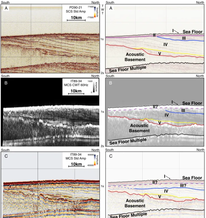 Figure 1.2. Comparison of moderate-resolution, low-resolution and spectral decomposition  temporal enhancement images and their corresponding interpreted line drawings