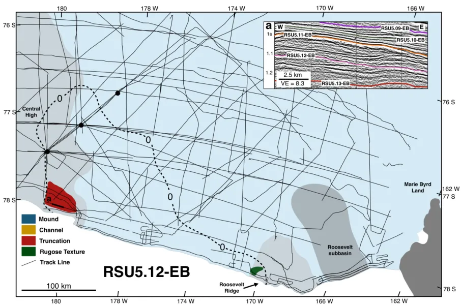 Figure 2.9. Feature map of horizon RSU5.12-EB showing location of erosional truncation, rugose texture and RSS-2.4.1-EB 0- 0-thickness line (bold dashed line) interpreted from seismic date