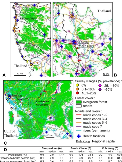 Figure 2Maps of the study areas Sampovloun (A), Preah Vihear (B) and Koh Kong (C)Maps of the study areas Sampovloun (A), Preah Vihear (B) and Koh Kong (C)