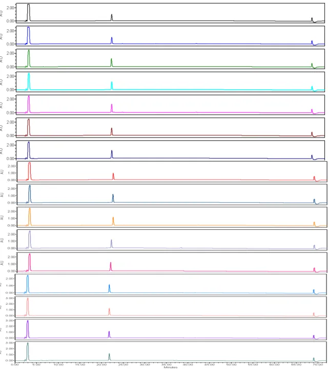 Figure 2.10.  Analytical RP-HPLC chromatograms of the Mirror peptide incubated with  pronase E for different time periods