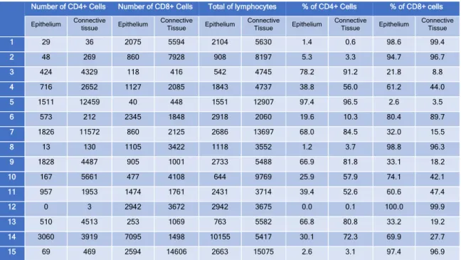 Table 1. Total number and ratio of CD4+ and CD8+ lymphocytes by zone analyzed. 
