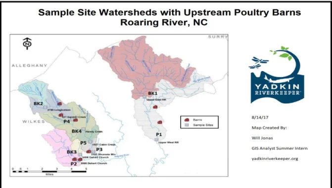 Figure 2. Sample locations (courtesy of Yadkin Riverkeeper). Barns refer to CAFO locations that house  food animals