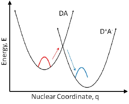 Figure 2.7: Free energy surfaces for a bimolecular donor-acceptor system. If the population initially  at equilibrium in the minimum of the DA surface is excited (red) to the intersection, the electron transfers  from the donor to the acceptor surface, whi