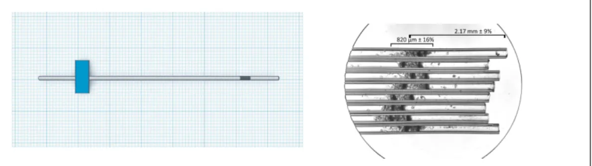 Figure 2.2: Customized quartz capillaries for the 275 GHz EPR packing procedure. Left: simplified model of a customized quartz capillary