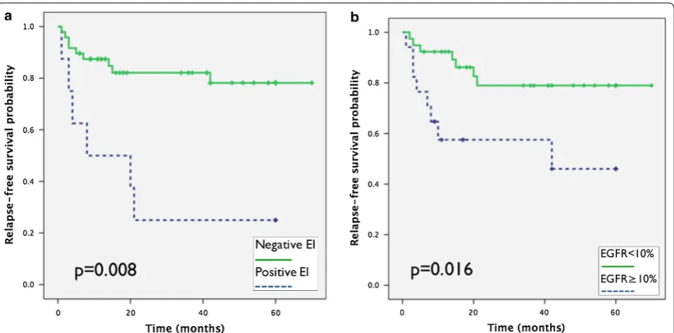 Fig. 2 Kaplan–Meier curves representing survival of TGCT patients stratified by epididymis invasion presence (a) or EGFR expression (b)