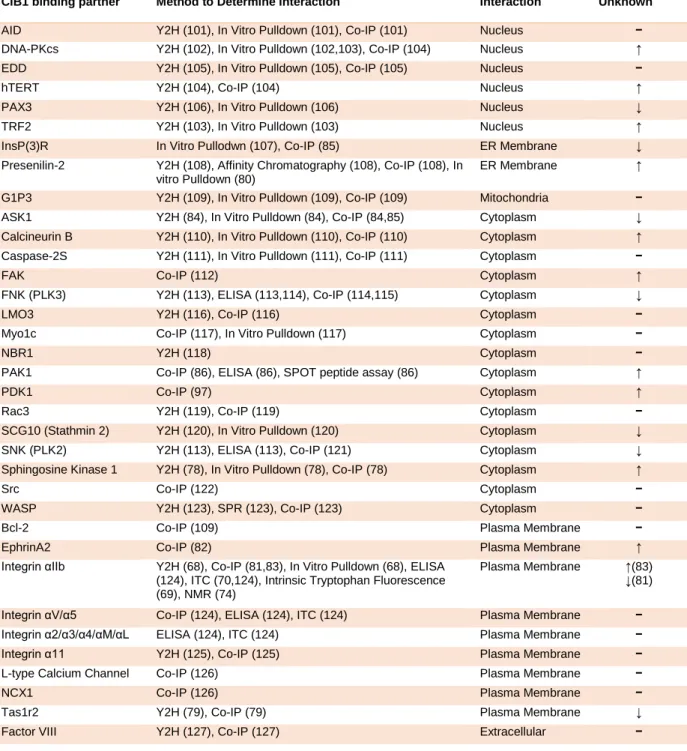 Table 1-2. Table of CIB1 binding partners.  A comprehensive list of CIB1 binding partners  reported in the literature, including techniques used to detect the interaction, the cellular location  of the interacting protein, and the role of CIB1 binding (e.g