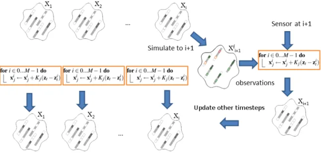 Figure 3.4: An ensemble member is simulated forward in time, then corrected given the sensor measurement