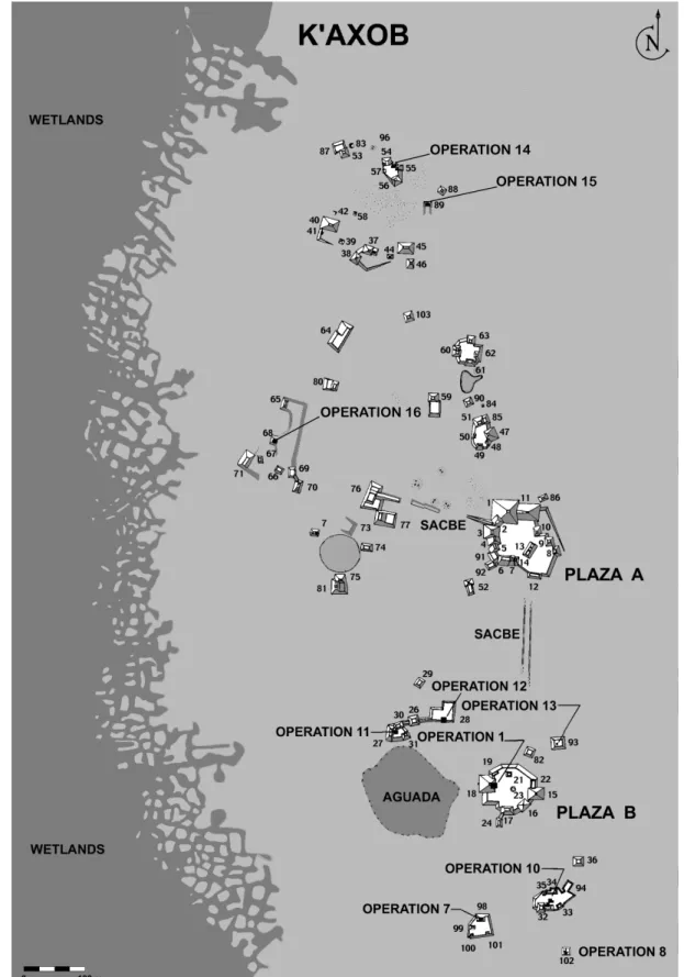 Figure 3. Map of K’axob excavations, with Operations 14 and 15 in the northern portion of  the site (courtesy of Patricia A