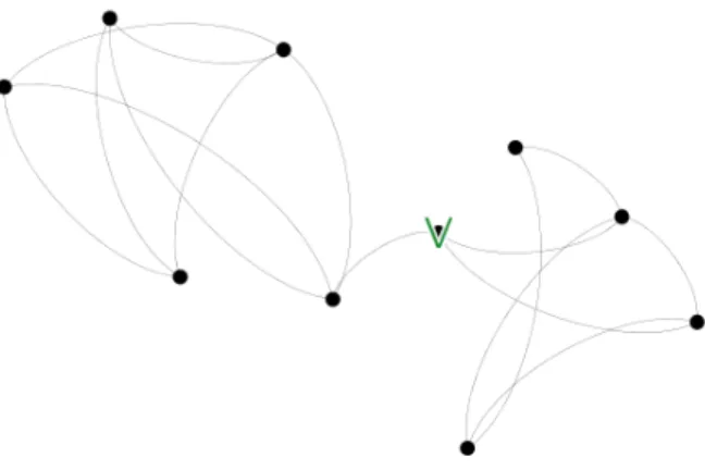 Figure 1.3: A bi-community network with node V having a high betweenness centrality