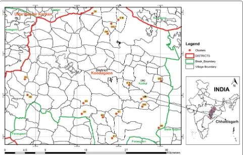 Fig. 1 Map showing location of 16 clusters in the study area, Community Health Centres (CHC) Keshkal, district Kondagaon, Chhattisgarh State, India