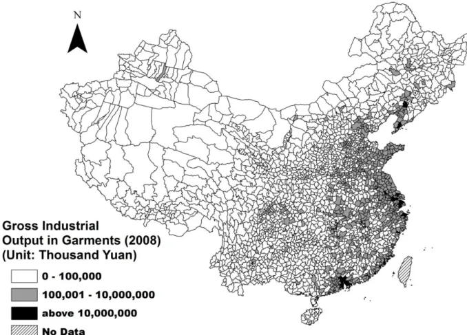 Figure 3 Spatial Distribution of Gross Industrial Output in Garments by County  Source: Compiled by authors from China’s Economic Census in 2008