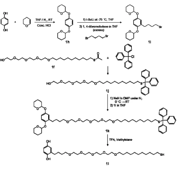Figure 1-9. Synthetic route to hydroquinone-tetra(ethylene glycol) alkanethiol (1l). SAMs  that present this molecule mixed with oligo(ethylene glycol)groups resist the non-specific  adsorprtion of protein