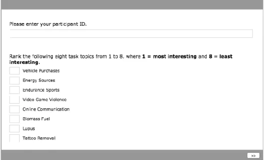 Figure 4. Ranking Questionnaire with Task Topics Presented to Participants  3.4. Frustrator 
