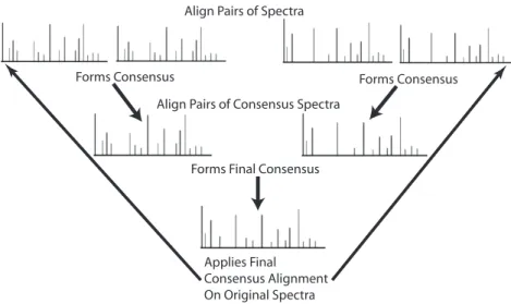 Figure 2.2: Final Consensus Profile Formation. Pairwise alignments are progressively com- com-bined together through the alignment of consensus profiles to form a final consensus profile.