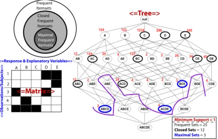 Figure 4.2: Itemset Mining Definitions. Frequent Items sets are those that meet minimum support threshold (minimum number of transactions/rows)