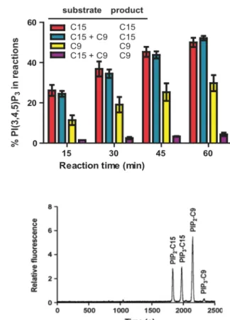 Figure  2.2  Fluorescent  PI(4,5)P 2  Substrate  Competition.  (A)  Mixed  	 micelle  PI3K  assay  conditions  were  used  to  analyze  the  effects  of  multiple  reporters  in  solution