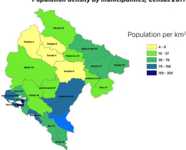 Figure 2: Population Density by Municipalities (Source: MONSTAT, 2015) 