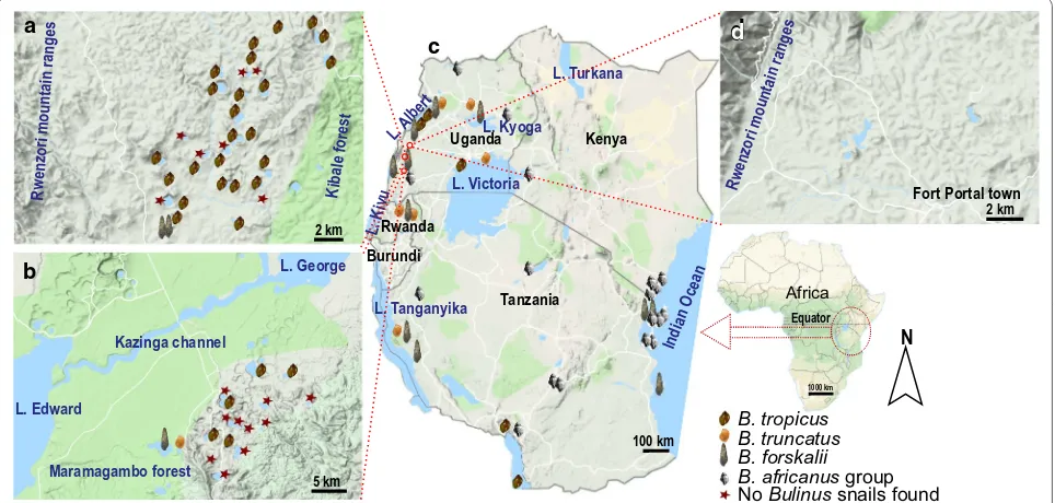 Fig. 1 Sampling sites in the three crater lakes fields in Uganda and at the supra‑regional scale