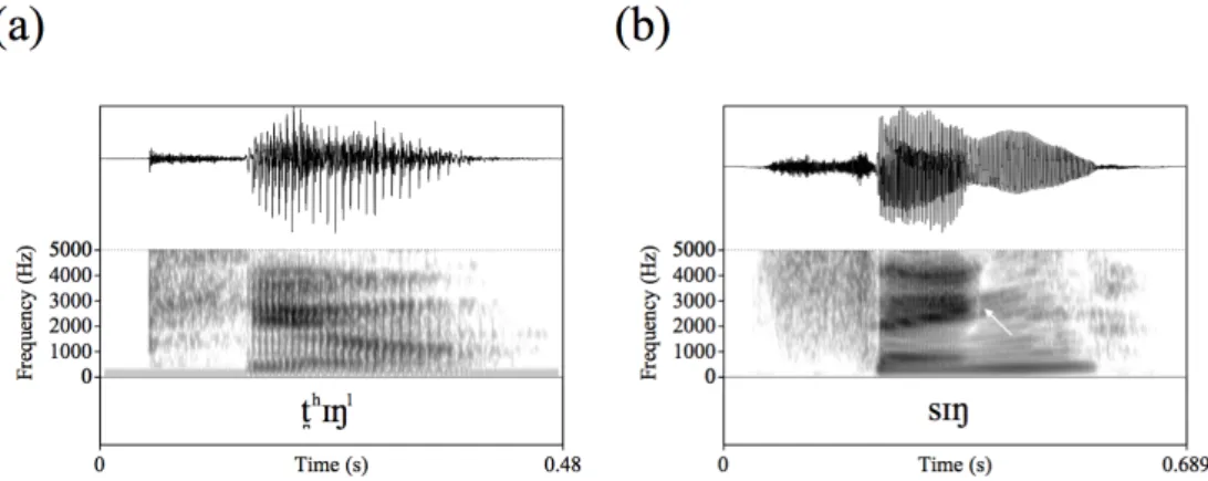 Figure 3 Spectrogram comparison of the syllable / t̪ h ɪŋ 1 / in Tianjin Mandarin (a) vs