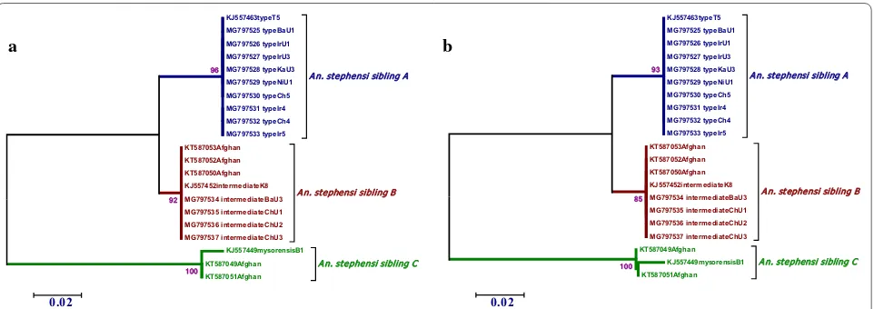 Fig. 3 Maximum likelihood (a) and neighbor-joining (b) phylogenetic trees based on AnsteObp1 intron I fragments for Anopheles stephensi specimens collected from Iran and Afghanistan