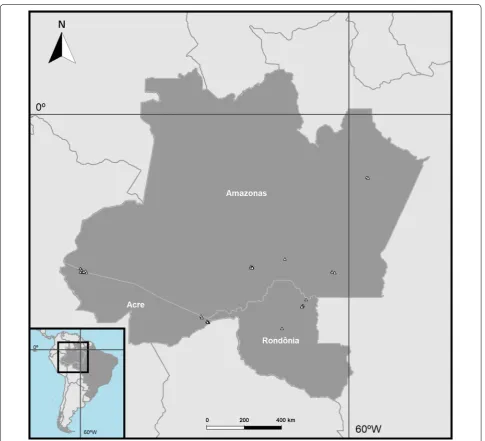 Fig. 1 Specimen collection sites in the states of Acre, Amazonas and Rondônia. Collection sites are represented by triangles