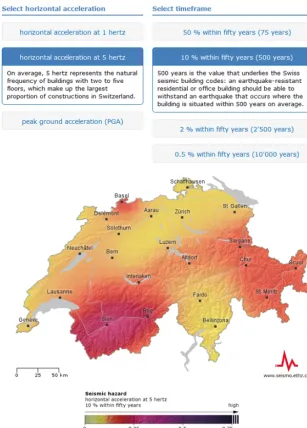 Figure 4. Screenshot of the Swiss seismic hazard model interactive web tool 2015 (Swiss Seismological Service, 2018; http://www.seismo.ethz.ch/knowledge/seismic-hazard-switzerland/maps/hazard/).