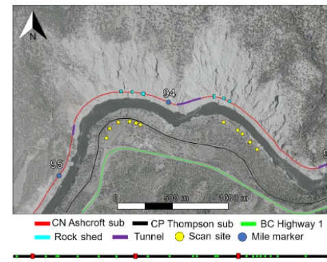 Figure 3. Overview of the scan site locations from across theThompson River. The timeline across the bottom of the ﬁgure in-dicates the times when TLS scans were captured (green dots).