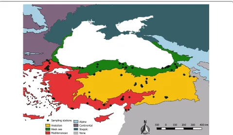 Fig. 1 Map indicating the sand fly collection sites and the biogeographical regions of Turkey and the neighboring European countries