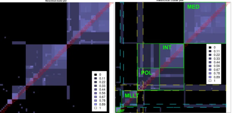 Fig 8. Hierarchical cluster plots for the Malovannaya SOI. Left: With too –strict automatic thresholds (co-occurrence 0.09, completeness 0.6), correct clusters are visible but not the connections between them