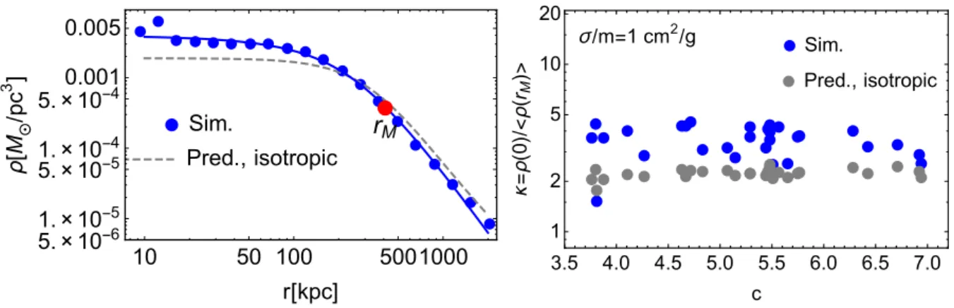 Figure 5: Left panel: Density profiles for a SIDM halo with σ/m = 1 cm 2 /g from simulations (blue) and the prediction from our isotropic (dashed gray line)