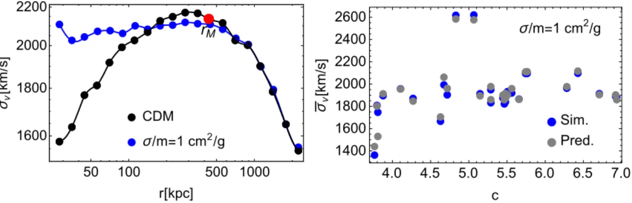 Figure 3: Left panel: Total velocity dispersion profile for an example of a halo in our simulation suite: CDM (black) and SIDM (blue) with σ/m = 1 cm 2 /g
