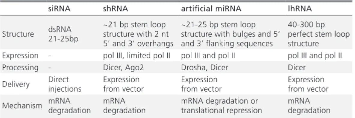 Table 1. Comparison of different approaches for inducing RNAi in cells