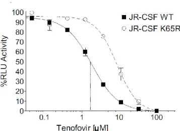 Figure 6. Introduction of K65R mutation into HIV JR-CSF  results in a 4.7 fold increase of in  vitro IC 50   using a luciferase based assay in TZM-bl indicator cells