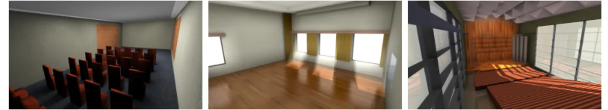 Figure 4.2: Benchmark scenes. From left to right: (a) Room (252 samples), (b) Hall (177 samples), (c) Sigyn (1024 samples).