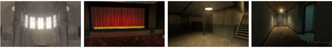 Figure 5.3: Benchmark scenes for compact acoustic transfer operators. From left to right: Sibenik (80K triangles), Movie Theater (120K triangles), Basement (0.5K triangles), and Attic (1K triangles).