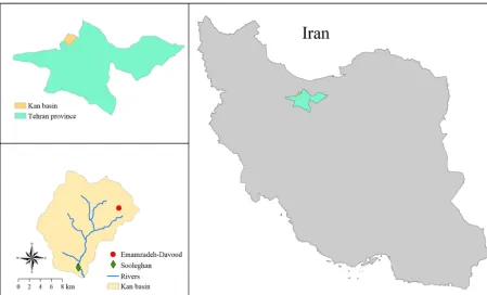 Figure 1. Location of study area, rainfall and ﬂow stations.