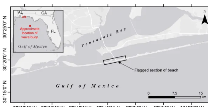 Figure 1. Map of study site showing location of the ﬂagged section of beach and approximate location of the wave buoy used in the analysisand for regional rip forecasts (ESRI, 2019).