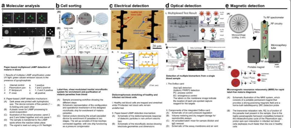 Fig. 3 Examples of microfluidic prototypes for malaria diagnosis using different methods