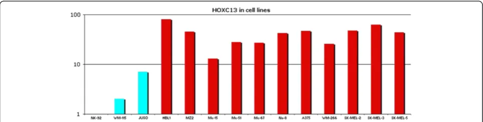 Figure 8 HOX C13 Real Time expression in primary and metastatic cell lines. All reactions were performed in triplicate and data areexpressed as mean of relative amount of mRNAs levels.