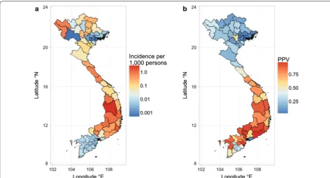 Fig. 3 a Incidence of malaria in Vietnam, 2014. Incidence is calculated per 1000 person-years using the estimated number of cases