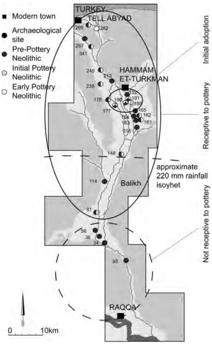 Fig. 2. The distribution of Pre-Pottery Neolithic, Initial Pottery Neolithic, and Early  Pottery Neolithic sites in the Balikh Valley